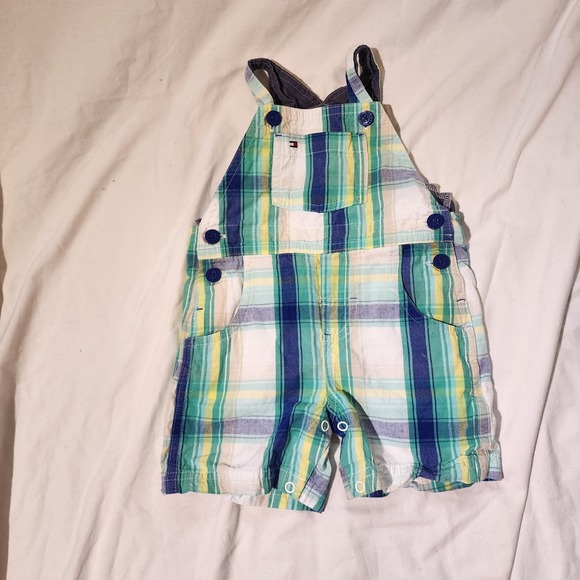 Tommy Hilfiger Plaid Overalls Infant Romper Coverall Outfit Blue‎ Green 12M - Picture 1 of 4